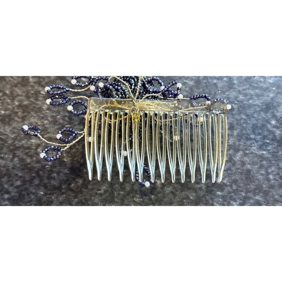 Vtg 1970\'s Handmade Beaded Navy Blue Rose Floral Design Hair Comb White Beads main image 6